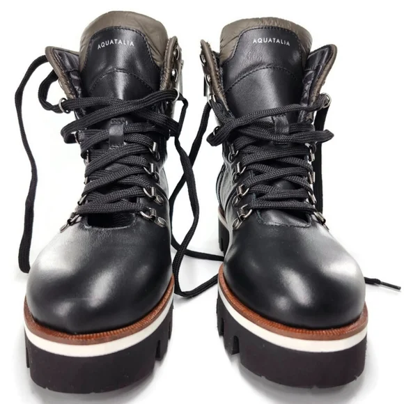 Aquatailia Morena Black & Olive Colorblock Leather Lace-Up Lug Sole Combat Boots - Picture 4 of 12
